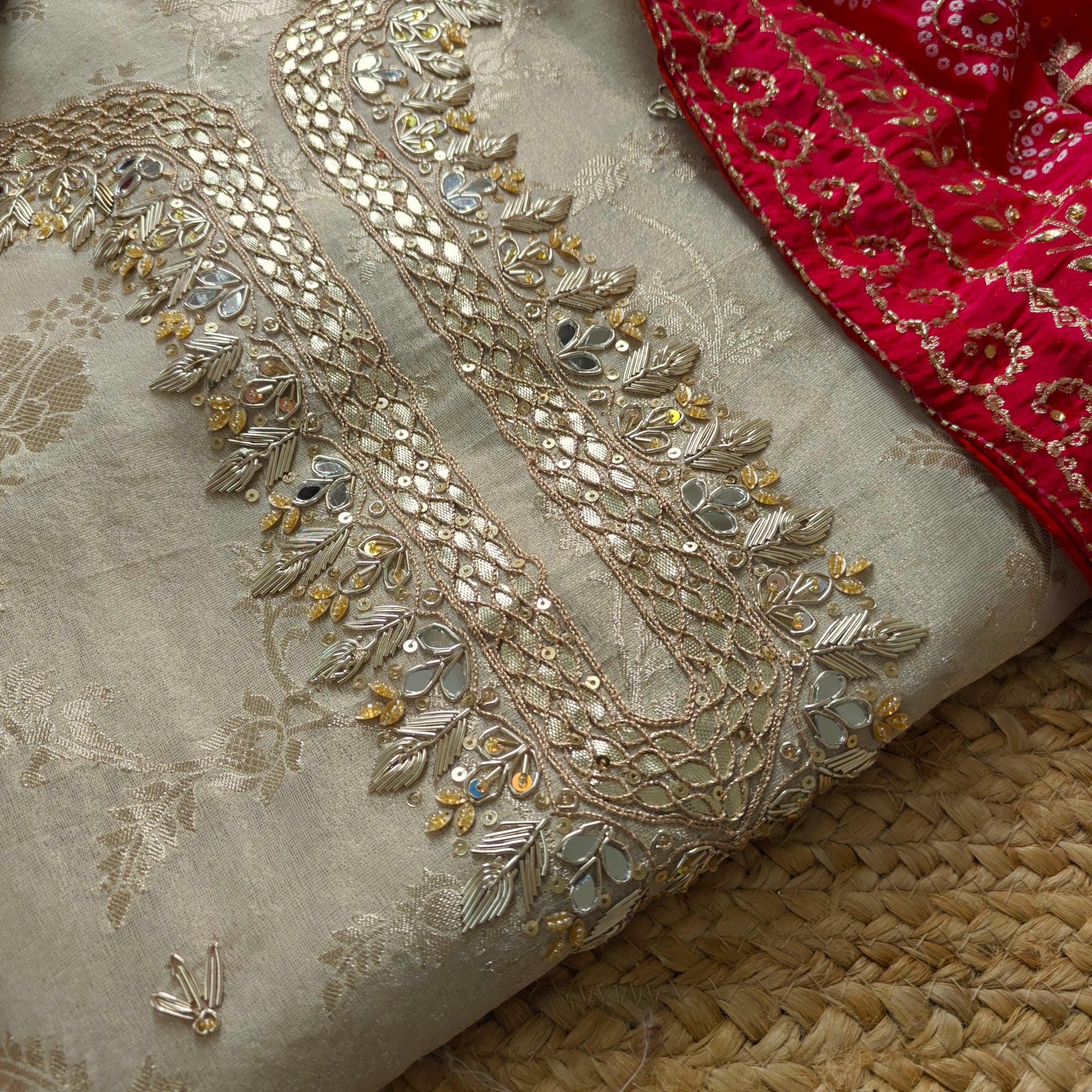 Gotta Partywear Gold kurta with Pink and Red dupatta unstitched suit material