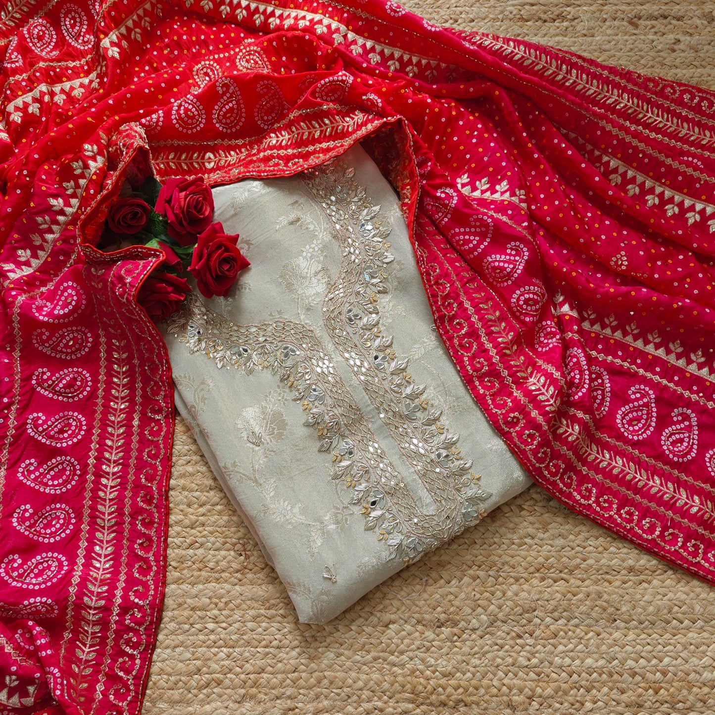 Gotta Partywear Gold kurta with Pink and Red dupatta unstitched suit material