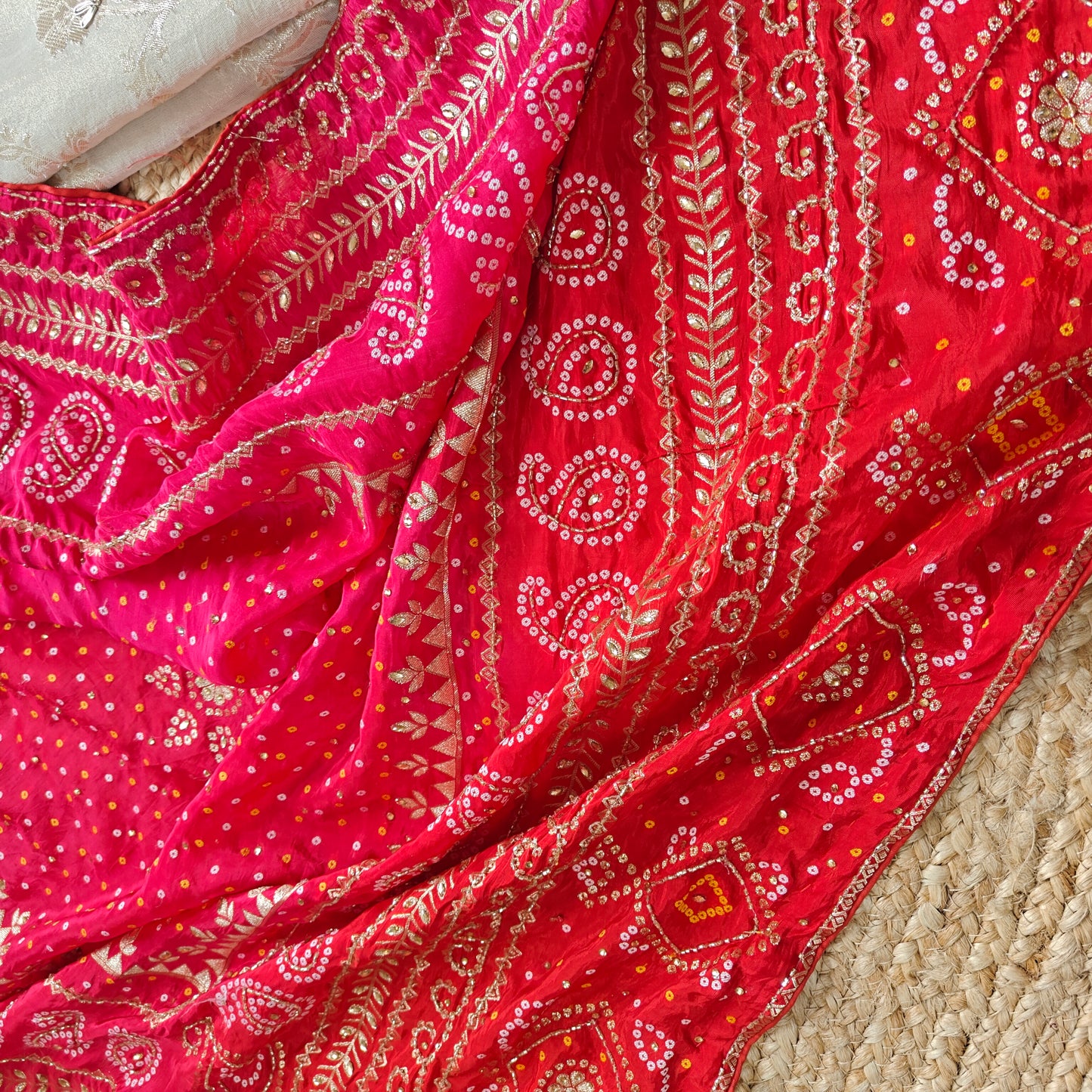 Gotta Partywear Gold kurta with Pink and Red dupatta unstitched suit material