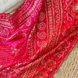 Gotta Partywear Gold kurta with Pink and Red dupatta unstitched suit material