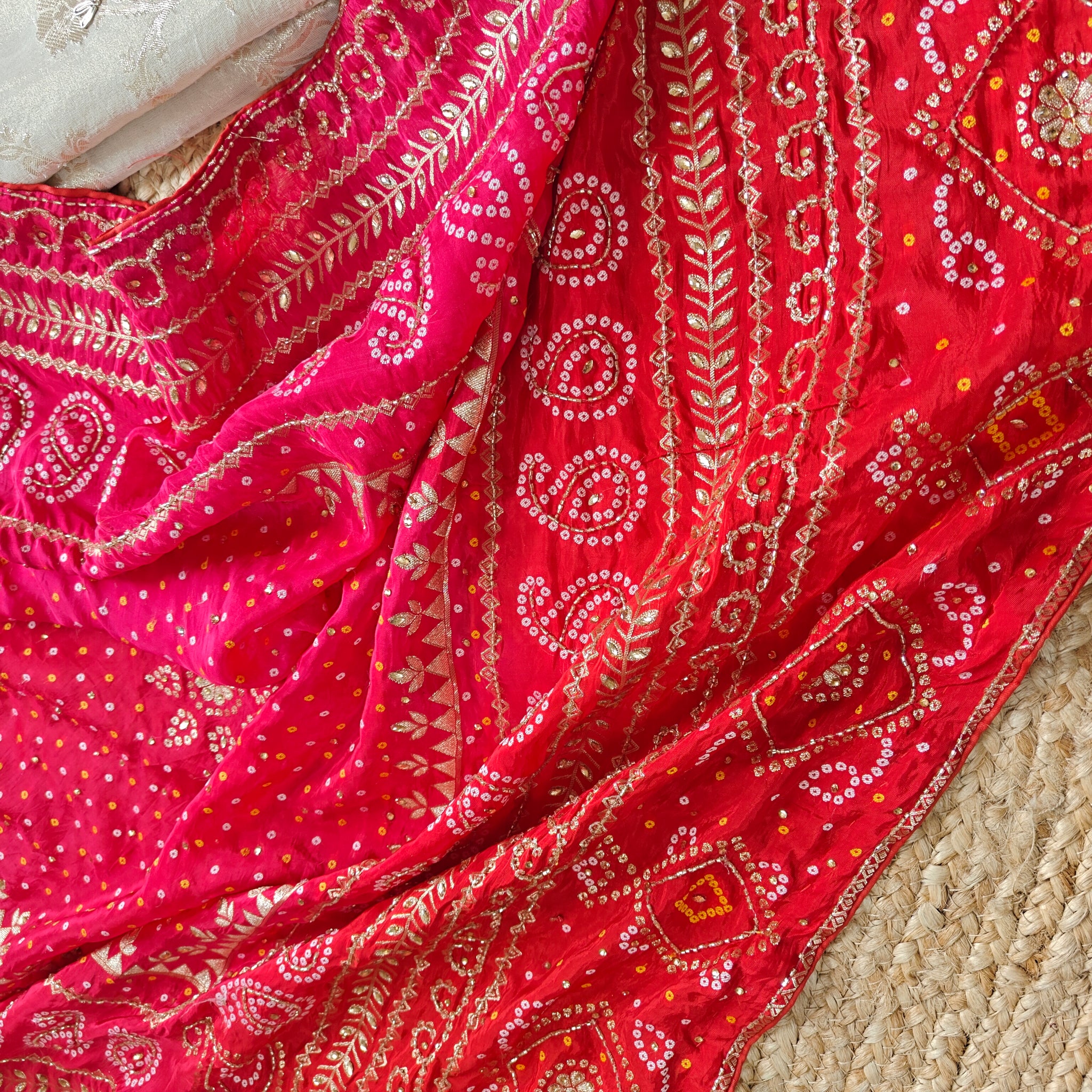 Gotta Partywear Gold kurta with Pink and Red dupatta unstitched suit material