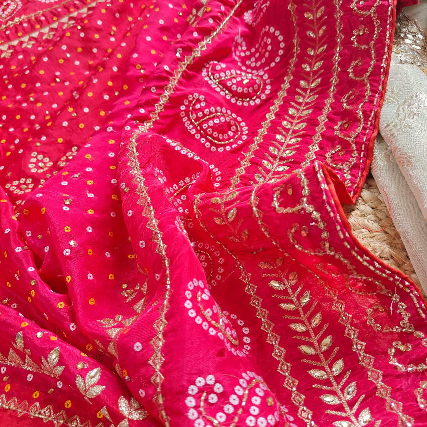 Gotta Partywear Gold kurta with Pink and Red dupatta unstitched suit material