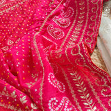 Gotta Partywear Gold kurta with Pink and Red dupatta unstitched suit material