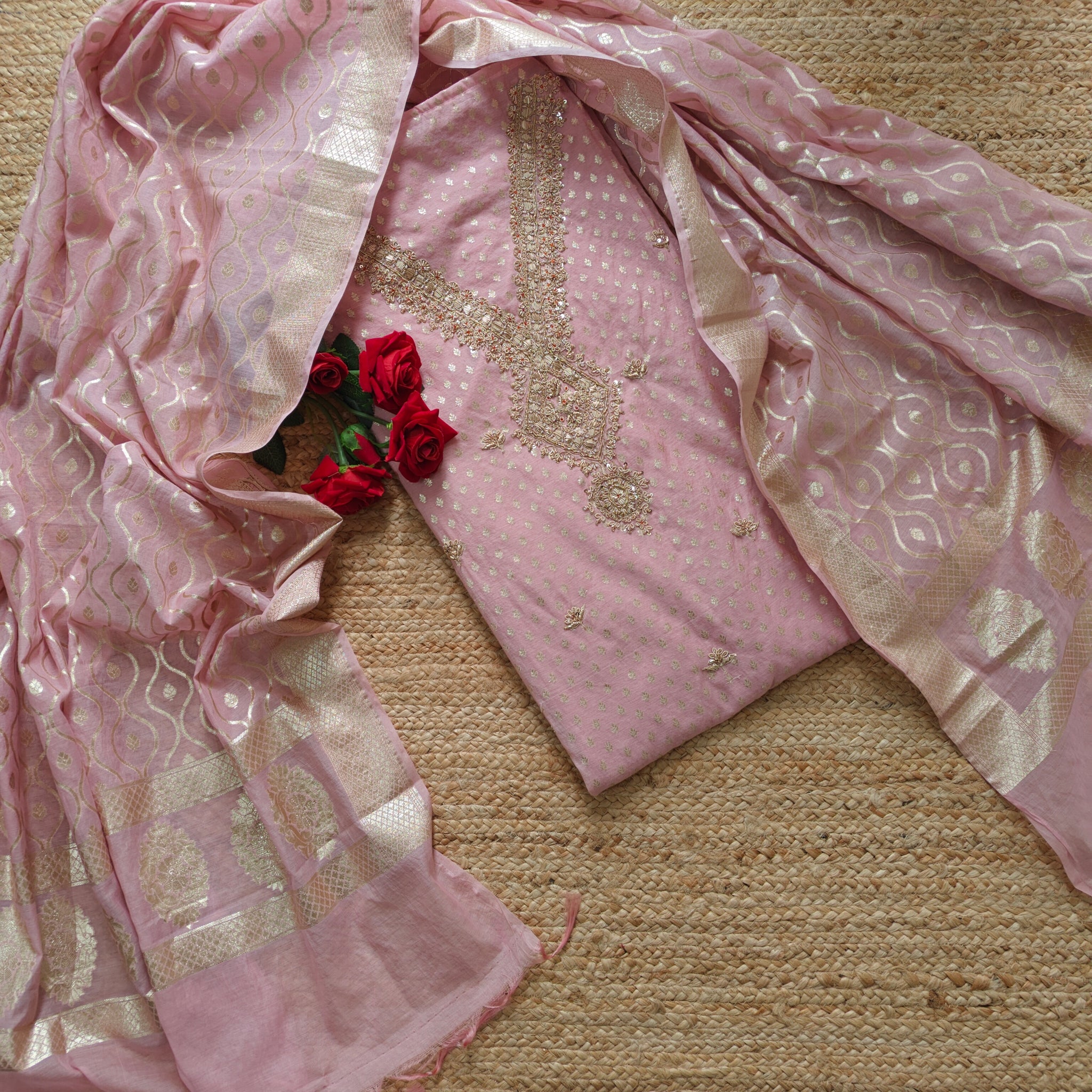 Pink Pure Mul Chanderi with Hand Zardosi and Golden Zari weaving Dress Material