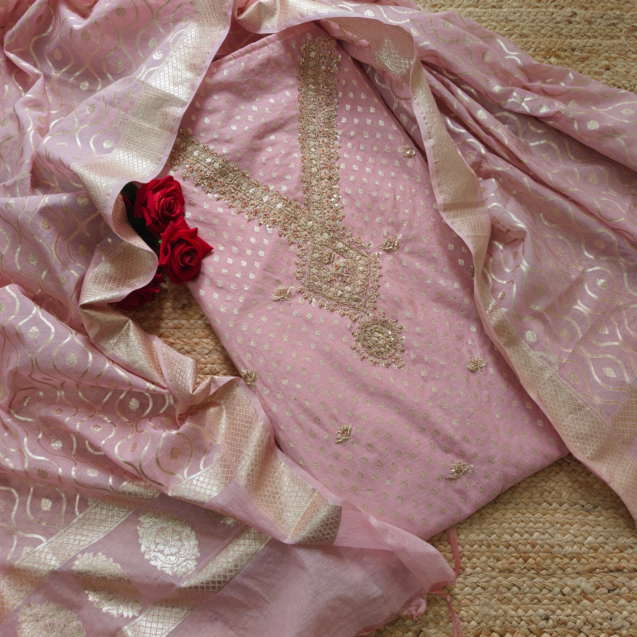 Pink Pure Mul Chanderi with Hand Zardosi and Golden Zari weaving Dress Material