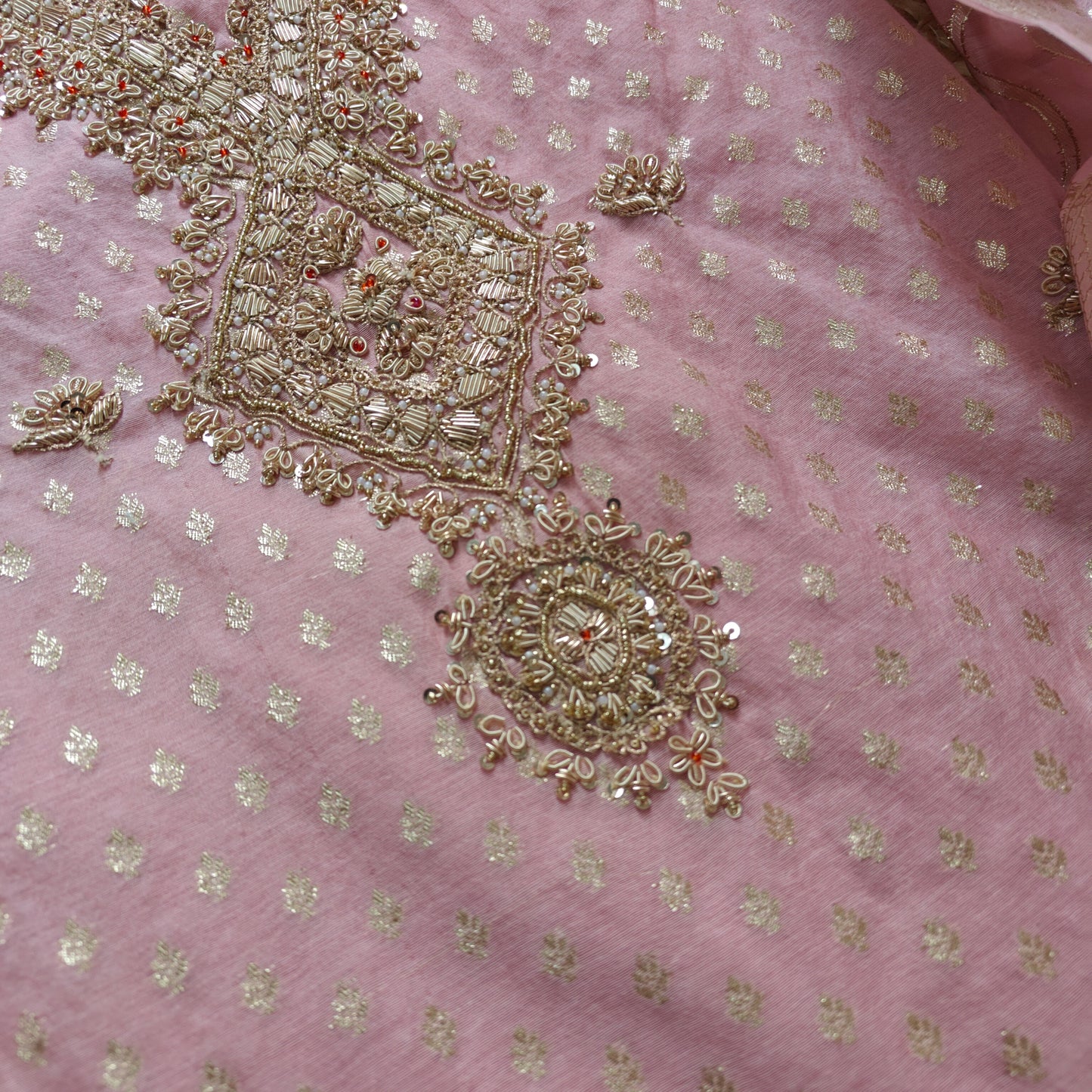 Pink Pure Mul Chanderi with Hand Zardosi and Golden Zari weaving Dress Material