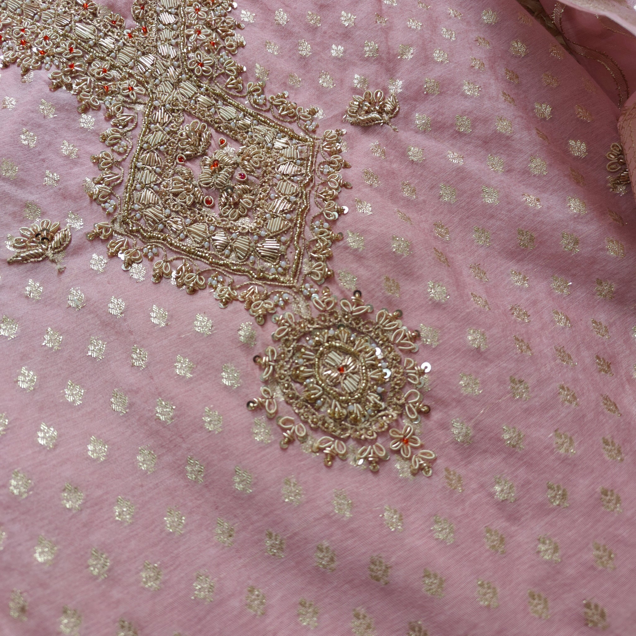 Pink Pure Mul Chanderi with Hand Zardosi and Golden Zari weaving Dress Material