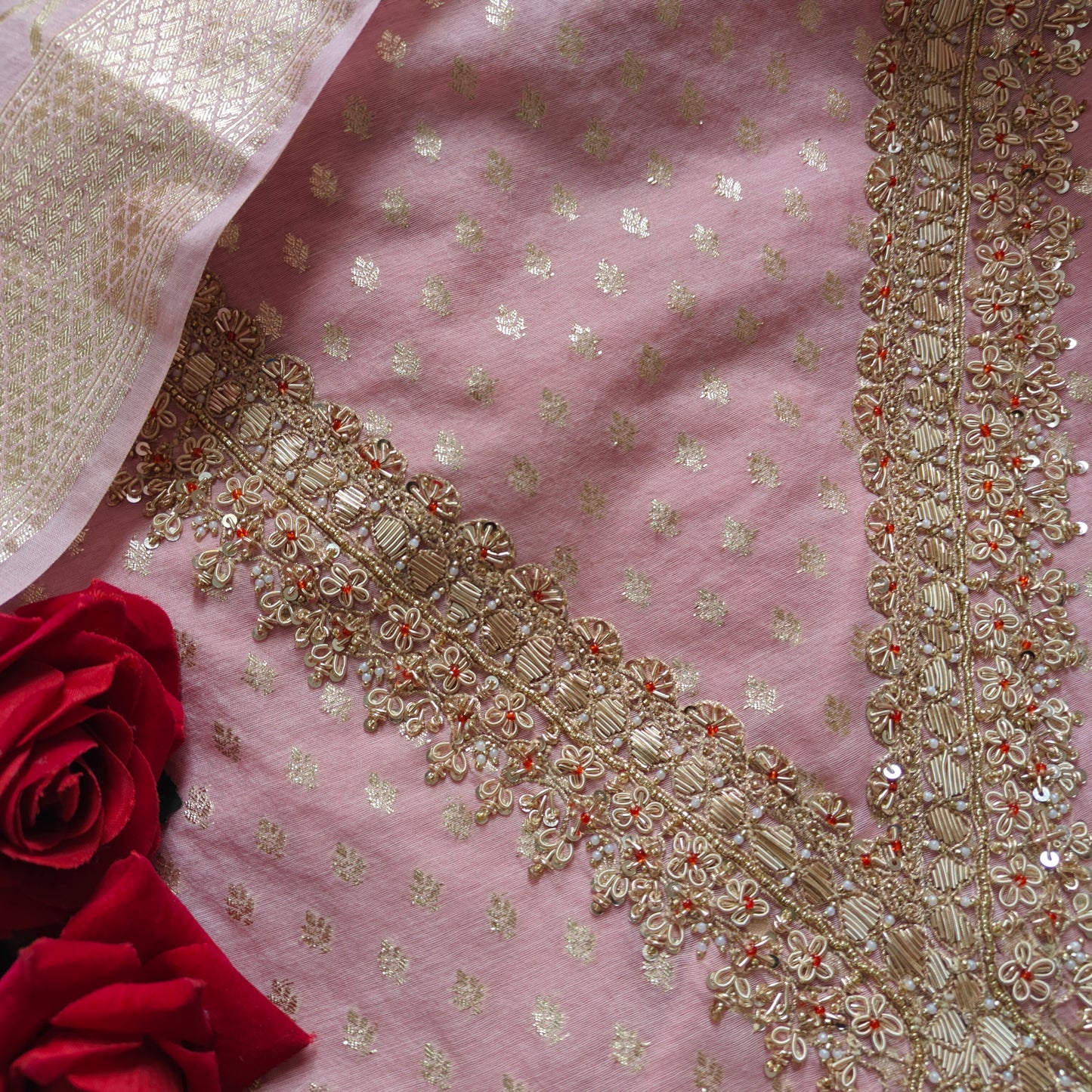Pink Pure Mul Chanderi with Hand Zardosi and Golden Zari weaving Dress Material