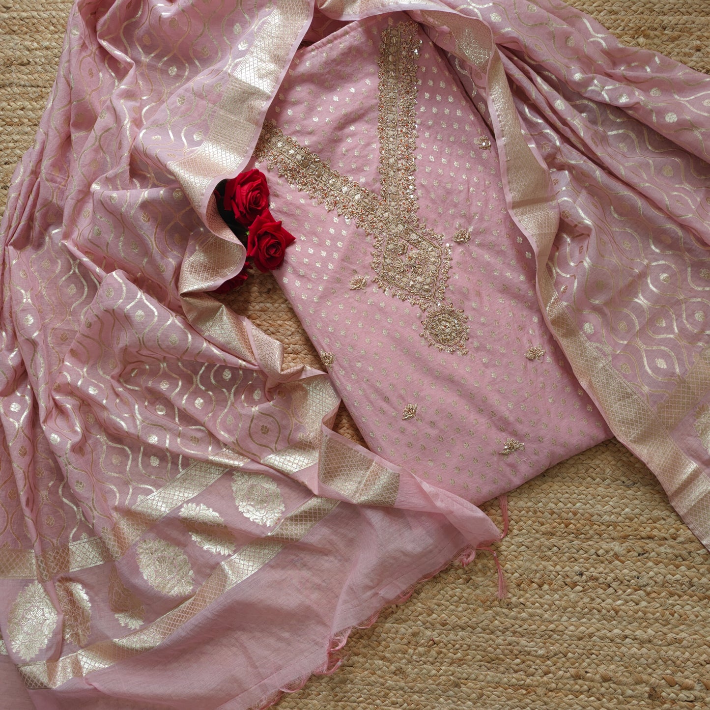 Pink Pure Mul Chanderi with Hand Zardosi and Golden Zari weaving Dress Material