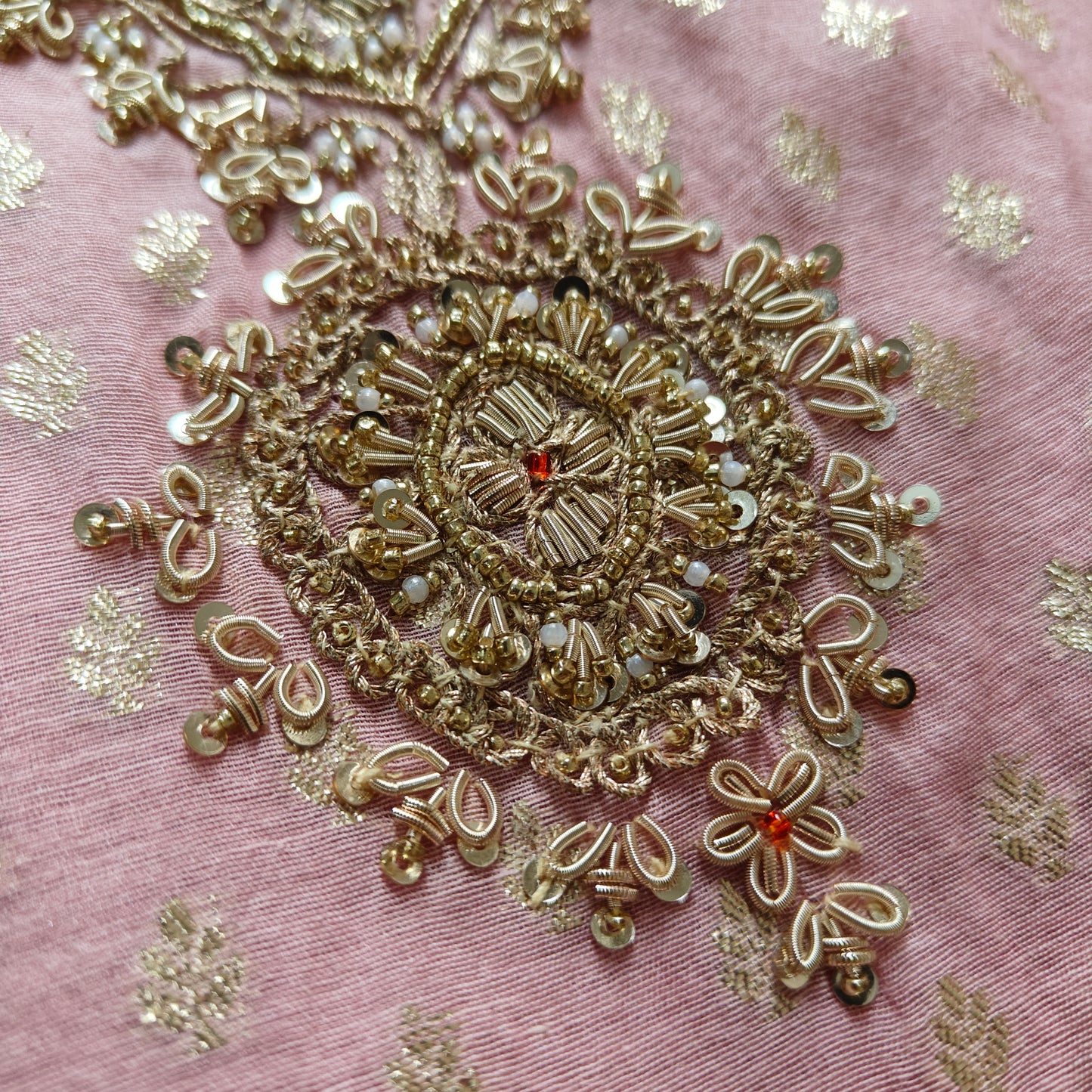 Pink Pure Mul Chanderi with Hand Zardosi and Golden Zari weaving Dress Material