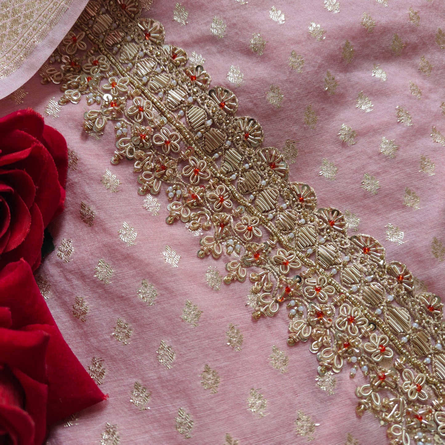 Pink Pure Mul Chanderi with Hand Zardosi and Golden Zari weaving Dress Material