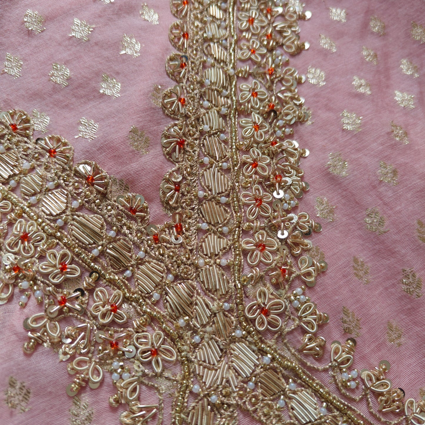 Pink Pure Mul Chanderi with Hand Zardosi and Golden Zari weaving Dress Material