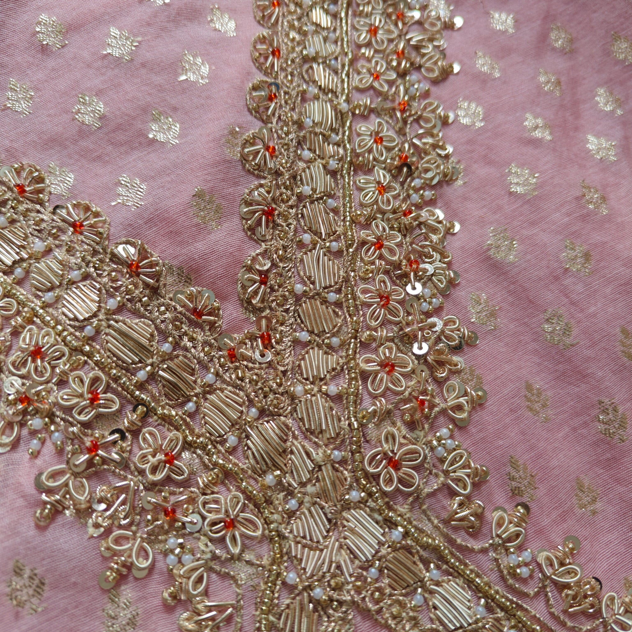 Pink Pure Mul Chanderi with Hand Zardosi and Golden Zari weaving Dress Material