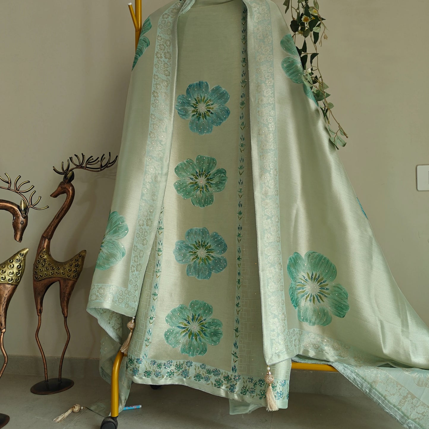 bhagalpuri silk dress material Bhagalpuri Silk Cotton Suit Set With Shibori Work Kameez & Dupatta-Gre