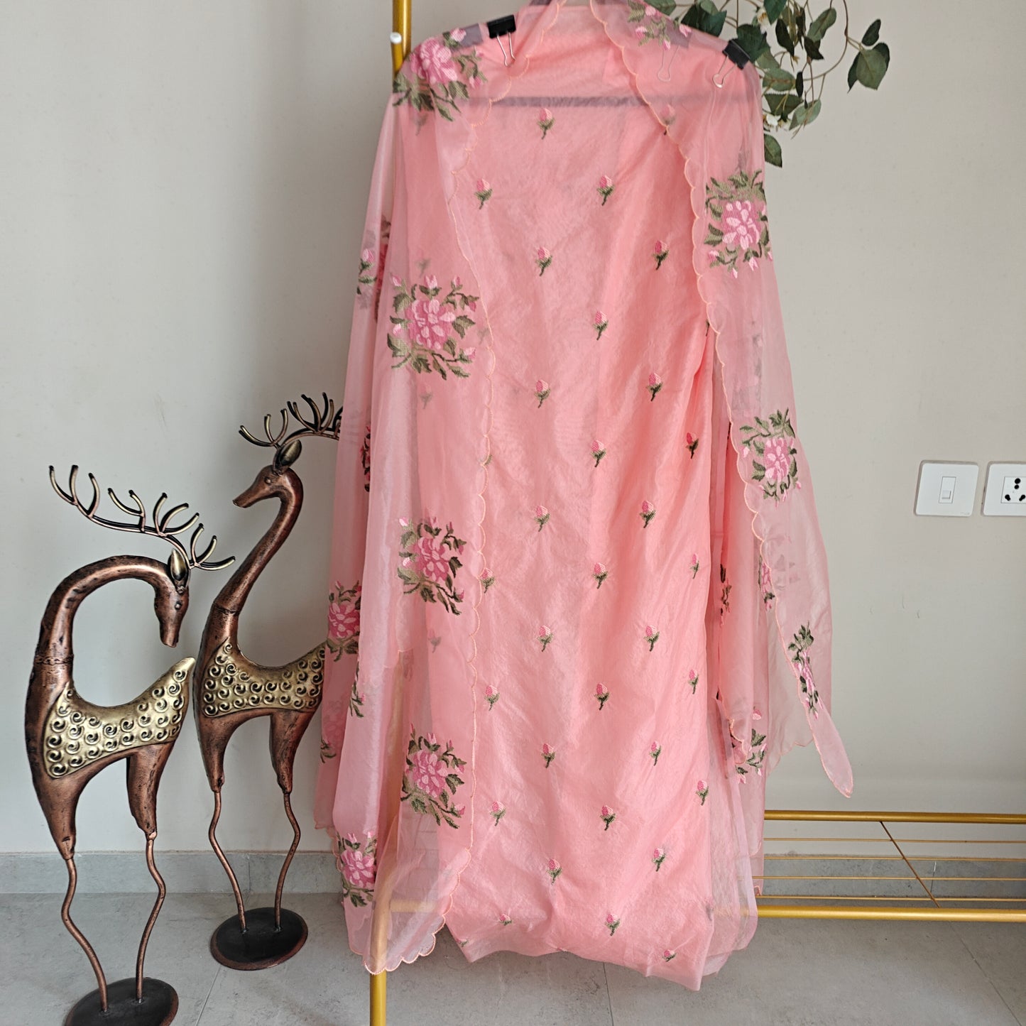 Peachy Pink Organza Cross stitch Embroidered dress material