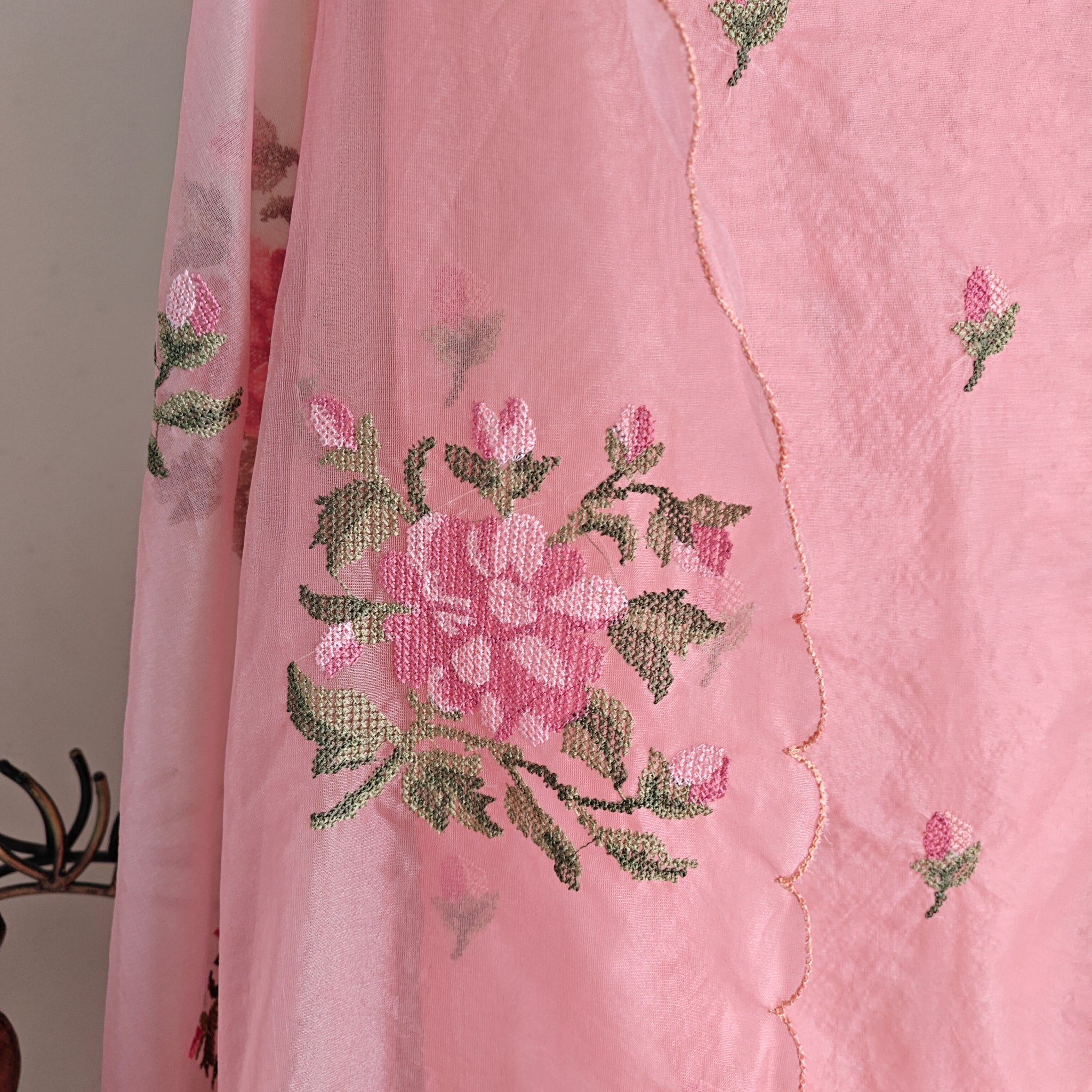 Peachy Pink Organza Cross stitch Embroidered dress material