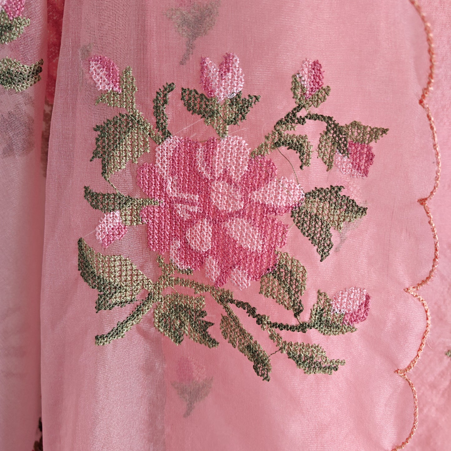 Peachy Pink Organza Cross stitch Embroidered dress material