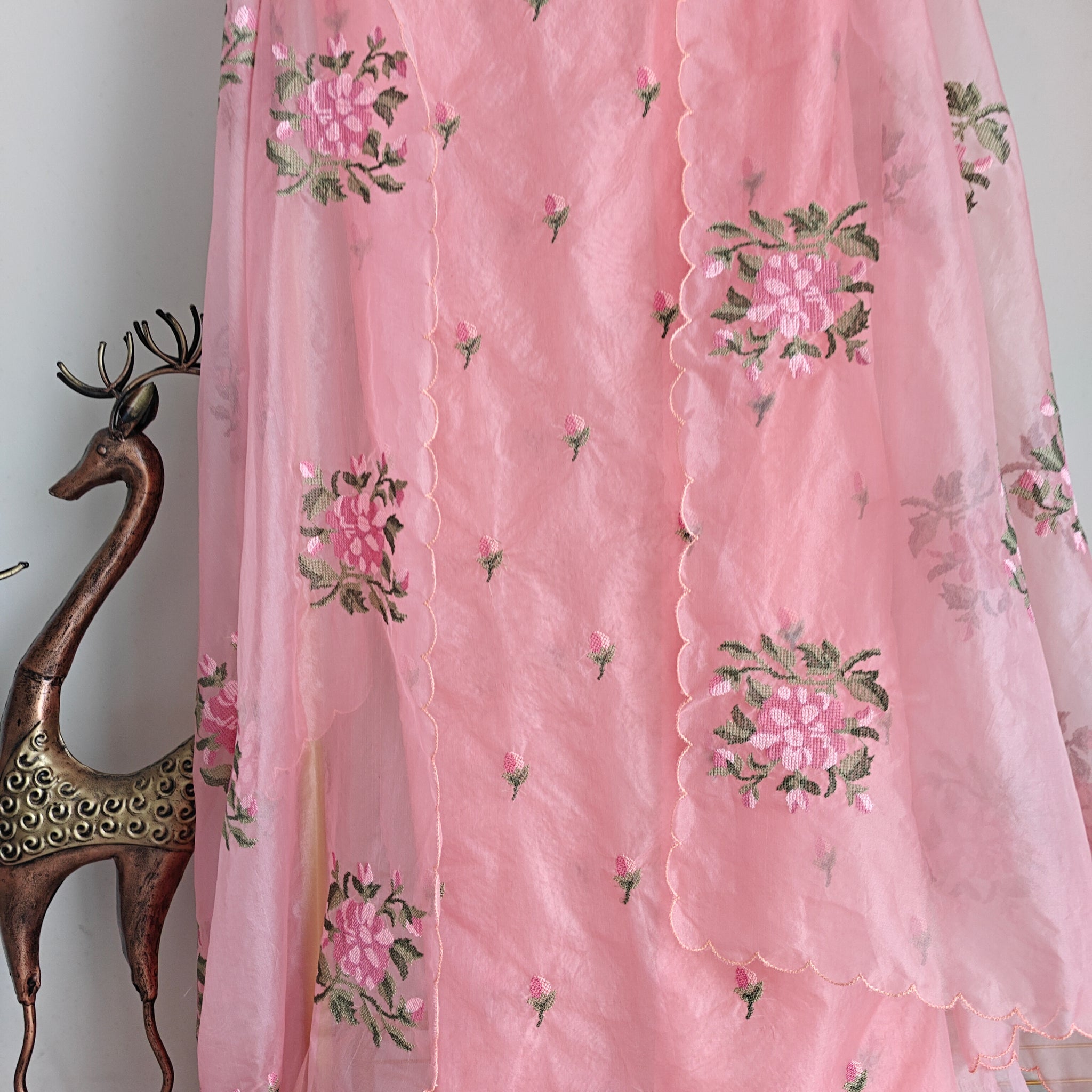 Peachy Pink Organza Cross stitch Embroidered dress material