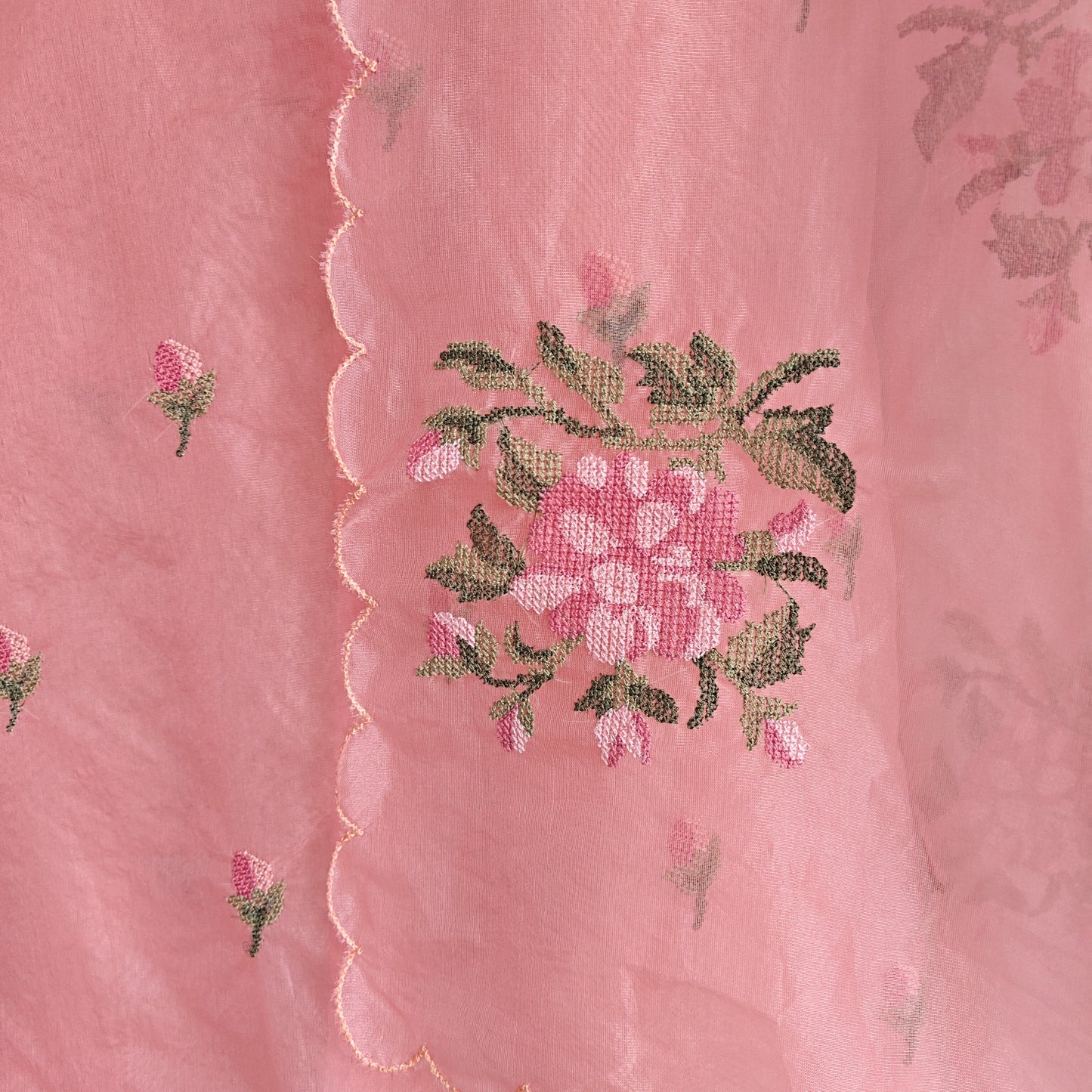 Peachy Pink Organza Cross stitch Embroidered dress material