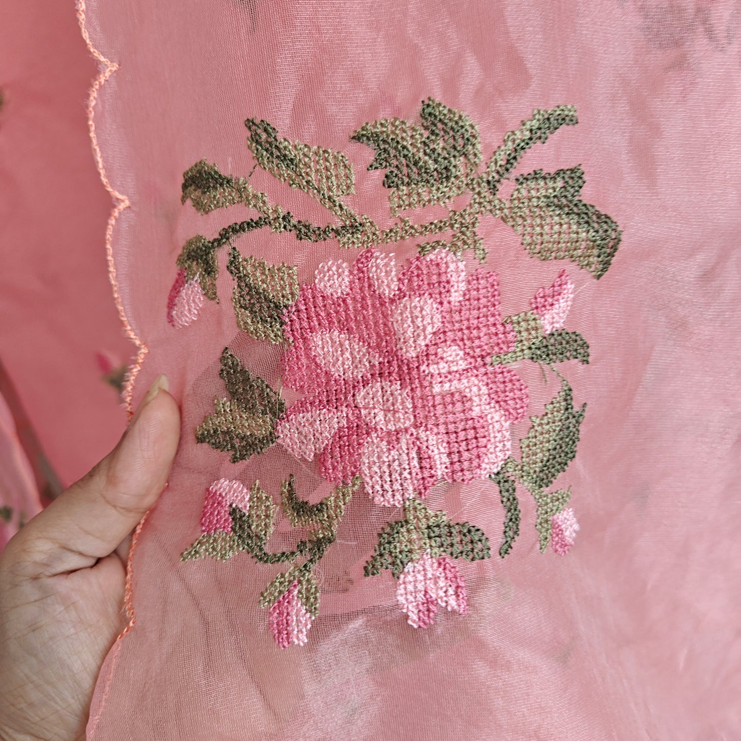 Peachy Pink Organza Cross stitch Embroidered dress material