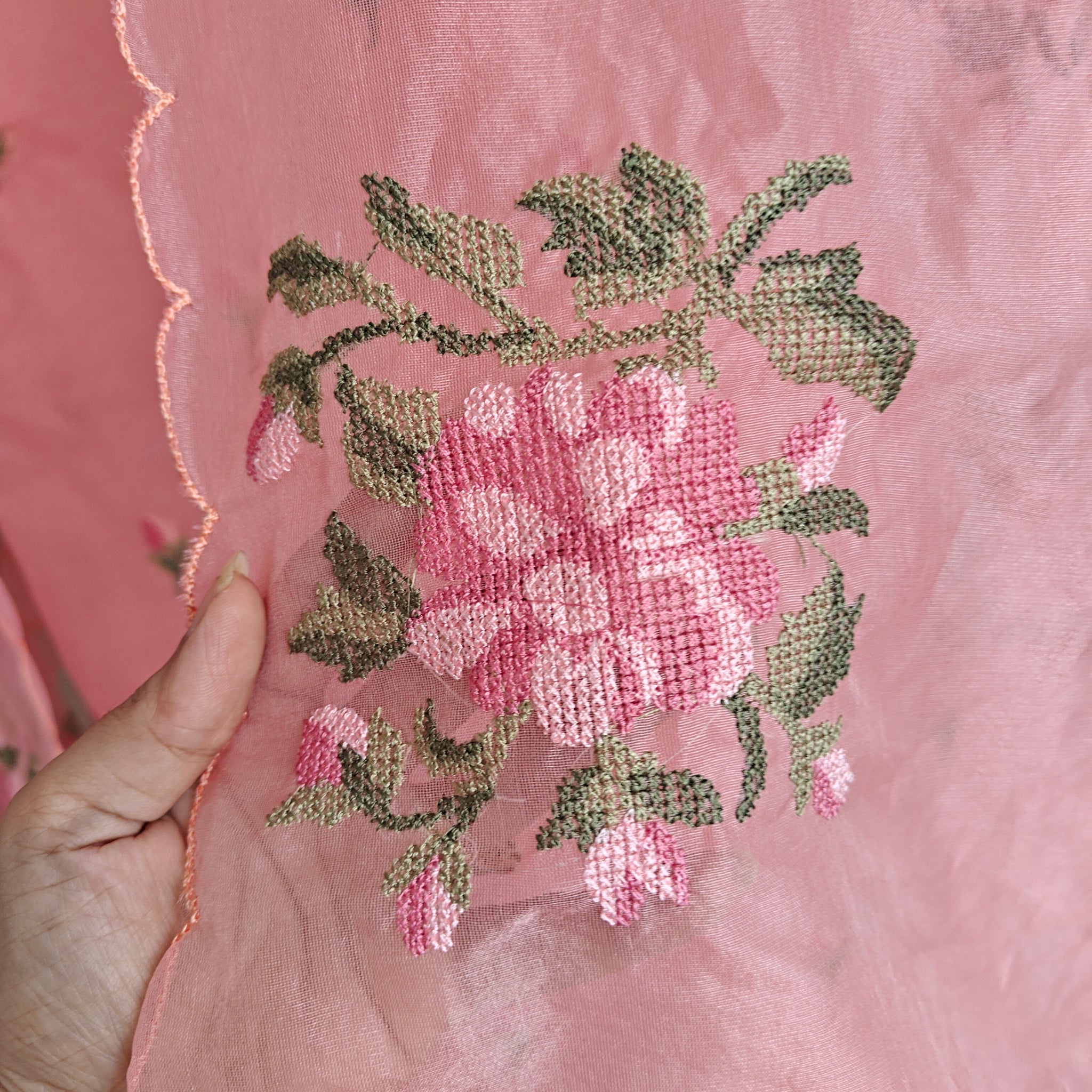 Peachy Pink Organza Cross stitch Embroidered dress material