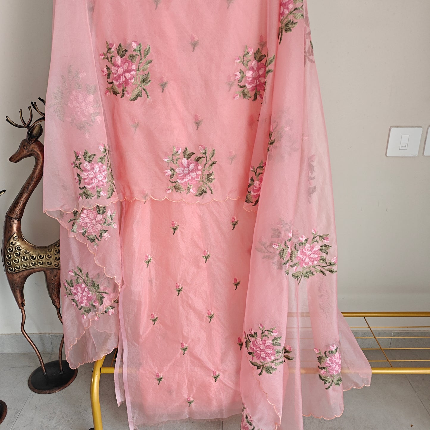 Peachy Pink Organza Cross stitch Embroidered dress material