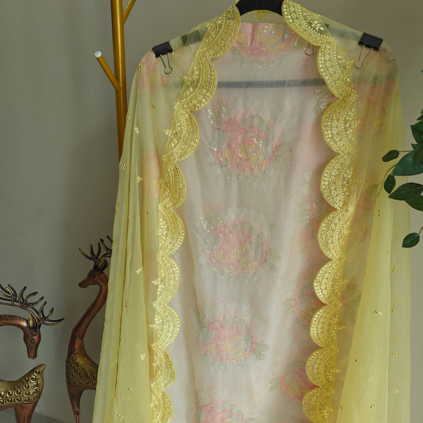 Pastel color Embroidered suit material with organza dupatta scallop border