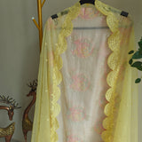 Pastel color Embroidered suit material with organza dupatta scallop border