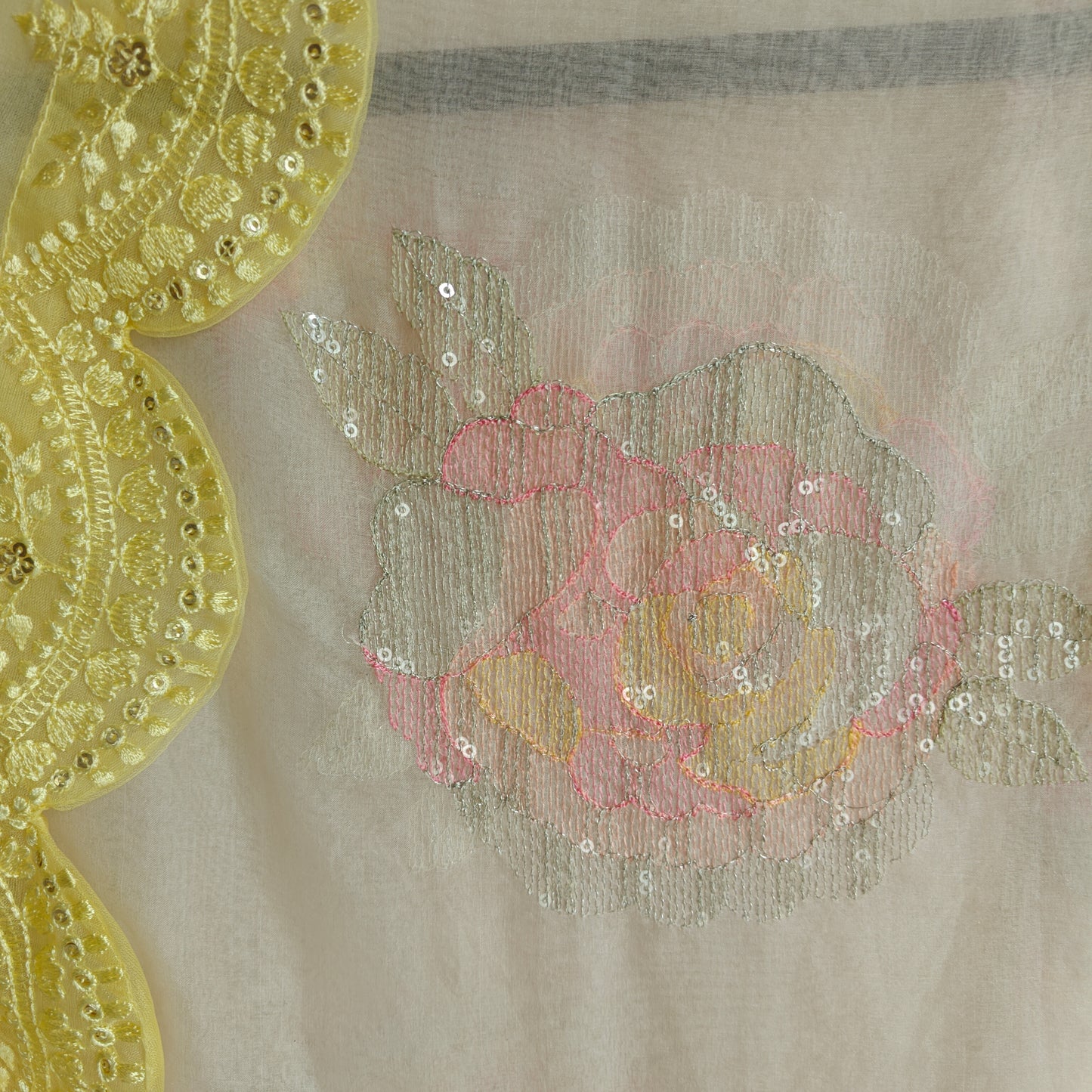 Pastel color Embroidered suit material with organza dupatta scallop border