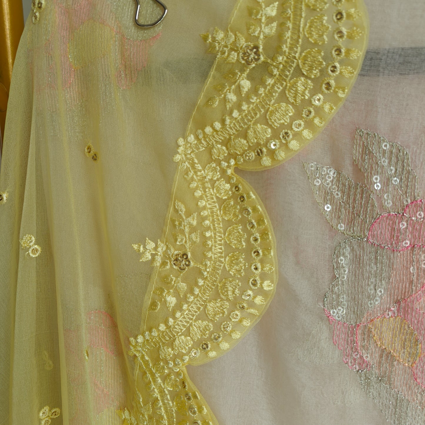 Pastel color Embroidered suit material with organza dupatta scallop border
