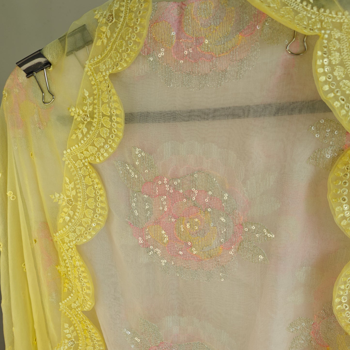 Pastel color Embroidered suit material with organza dupatta scallop border