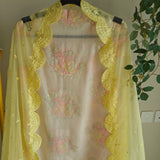 Pastel color Embroidered suit material with organza dupatta scallop border