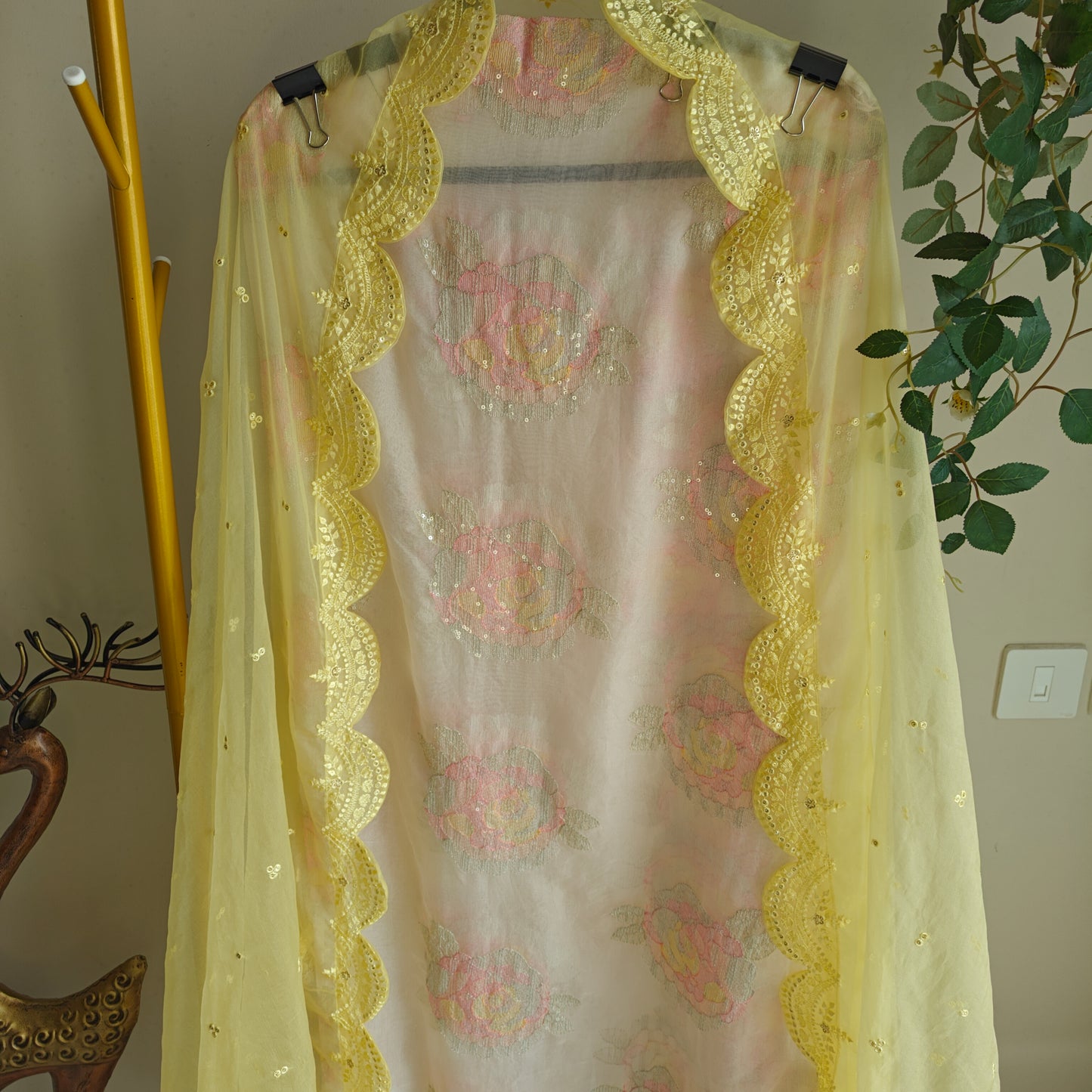 Pastel color Embroidered suit material with organza dupatta scallop border