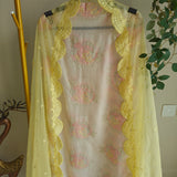 Pastel color Embroidered suit material with organza dupatta scallop border