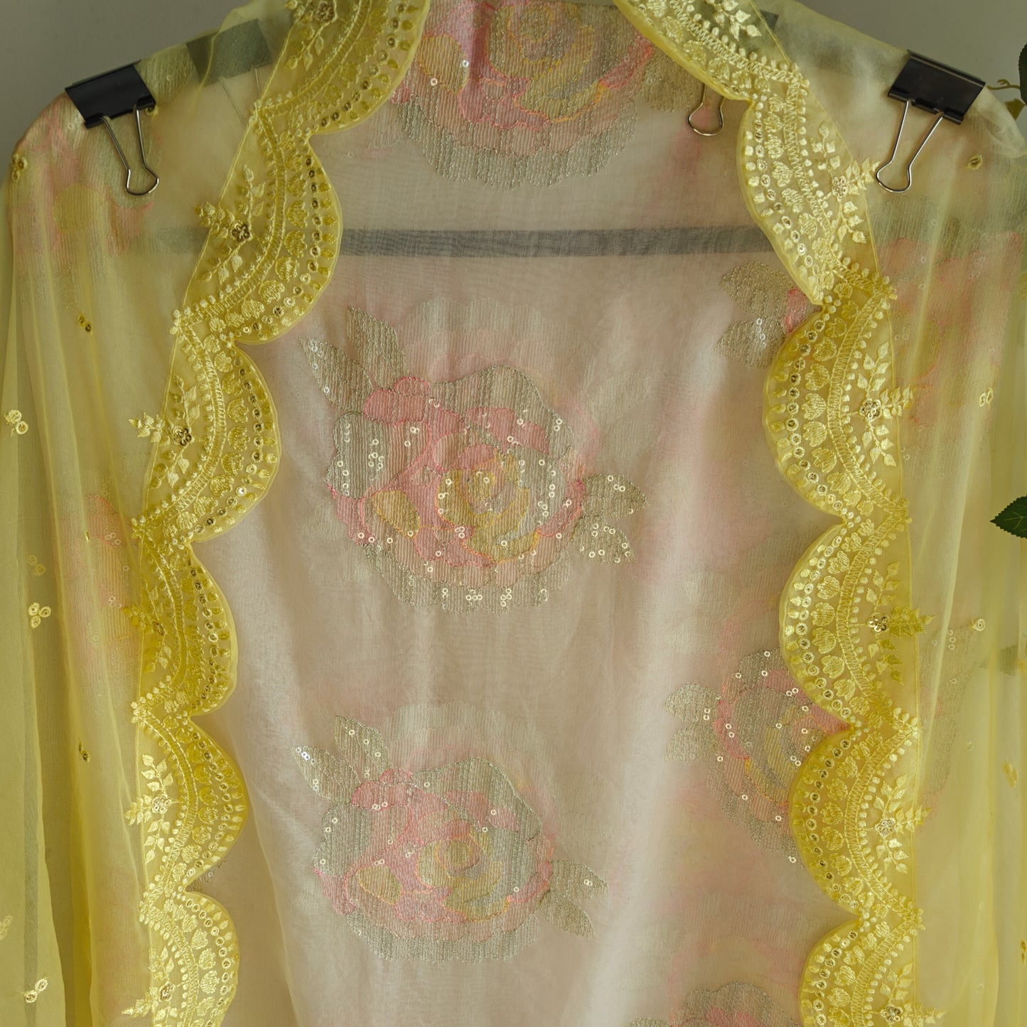Pastel color Embroidered suit material with organza dupatta scallop border