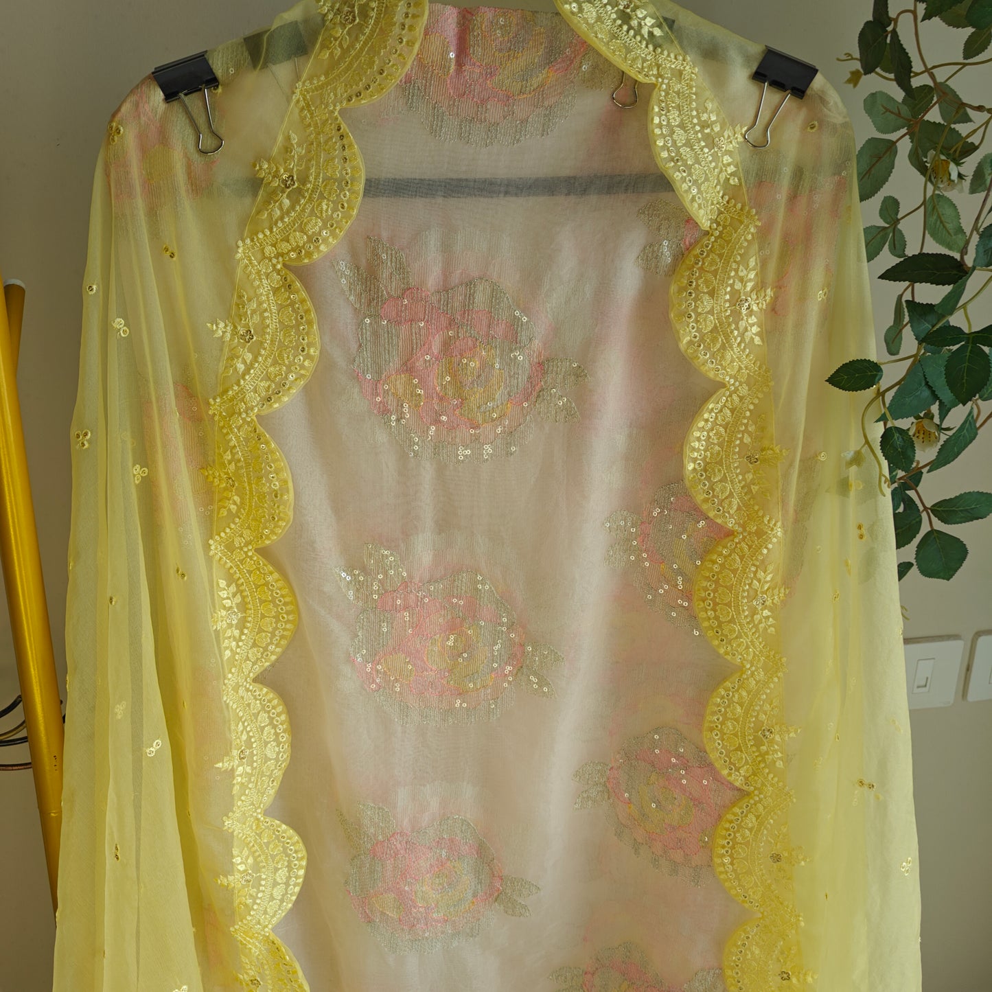 Pastel color Embroidered suit material with organza dupatta scallop border