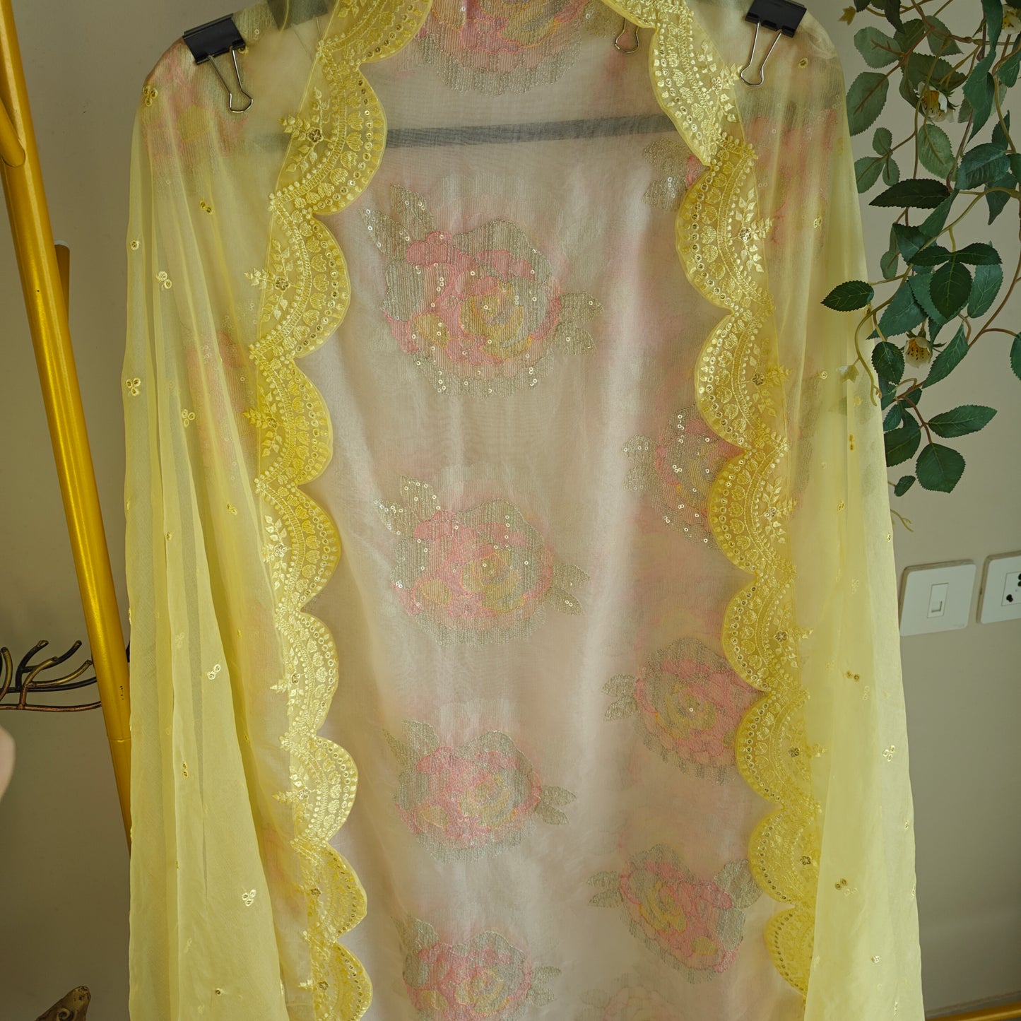 Pastel color Embroidered suit material with organza dupatta scallop border