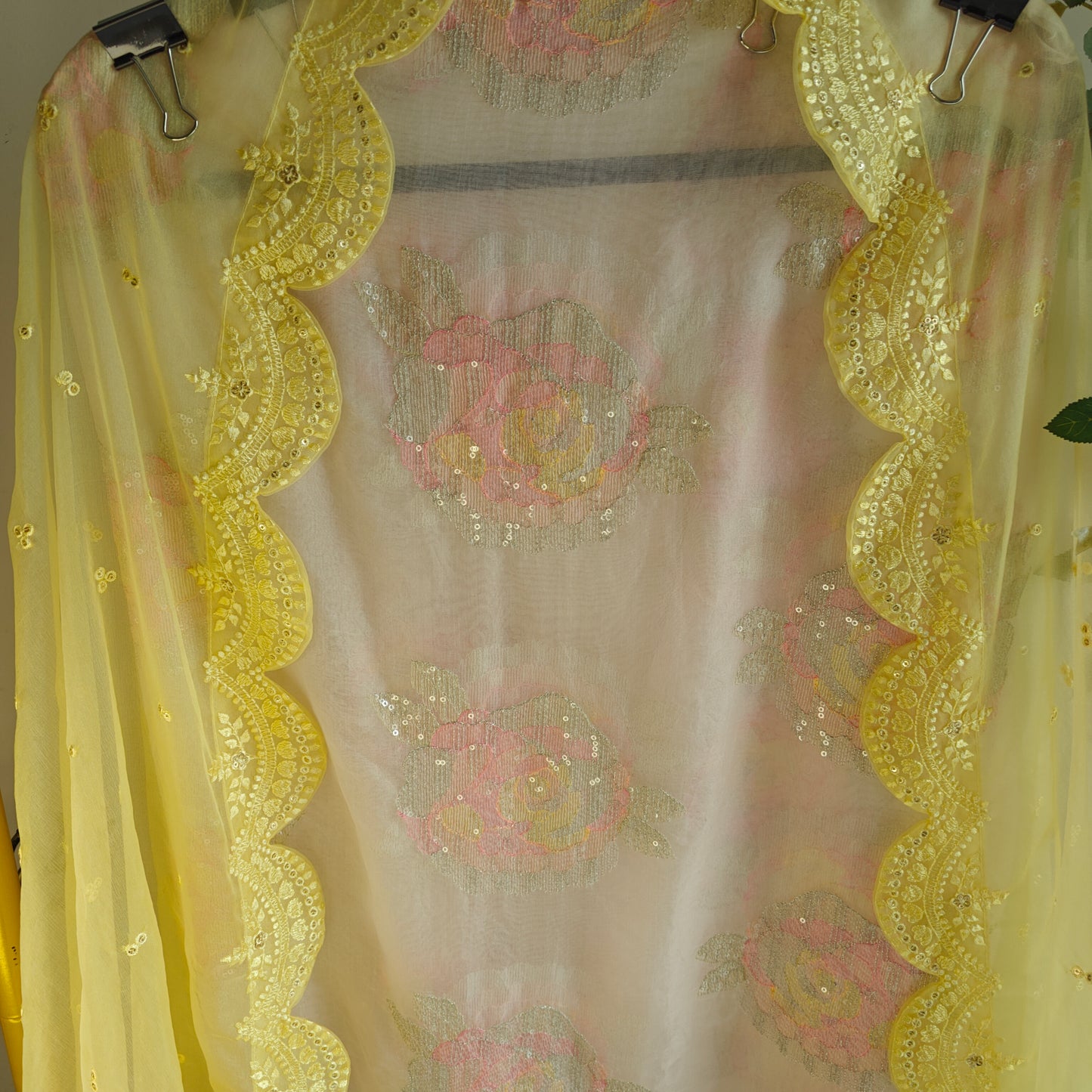 Pastel color Embroidered suit material with organza dupatta scallop border