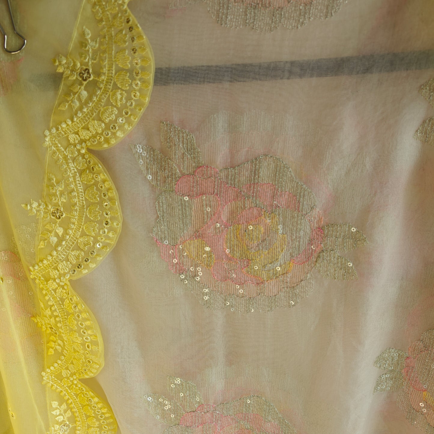 Pastel color Embroidered suit material with organza dupatta scallop border