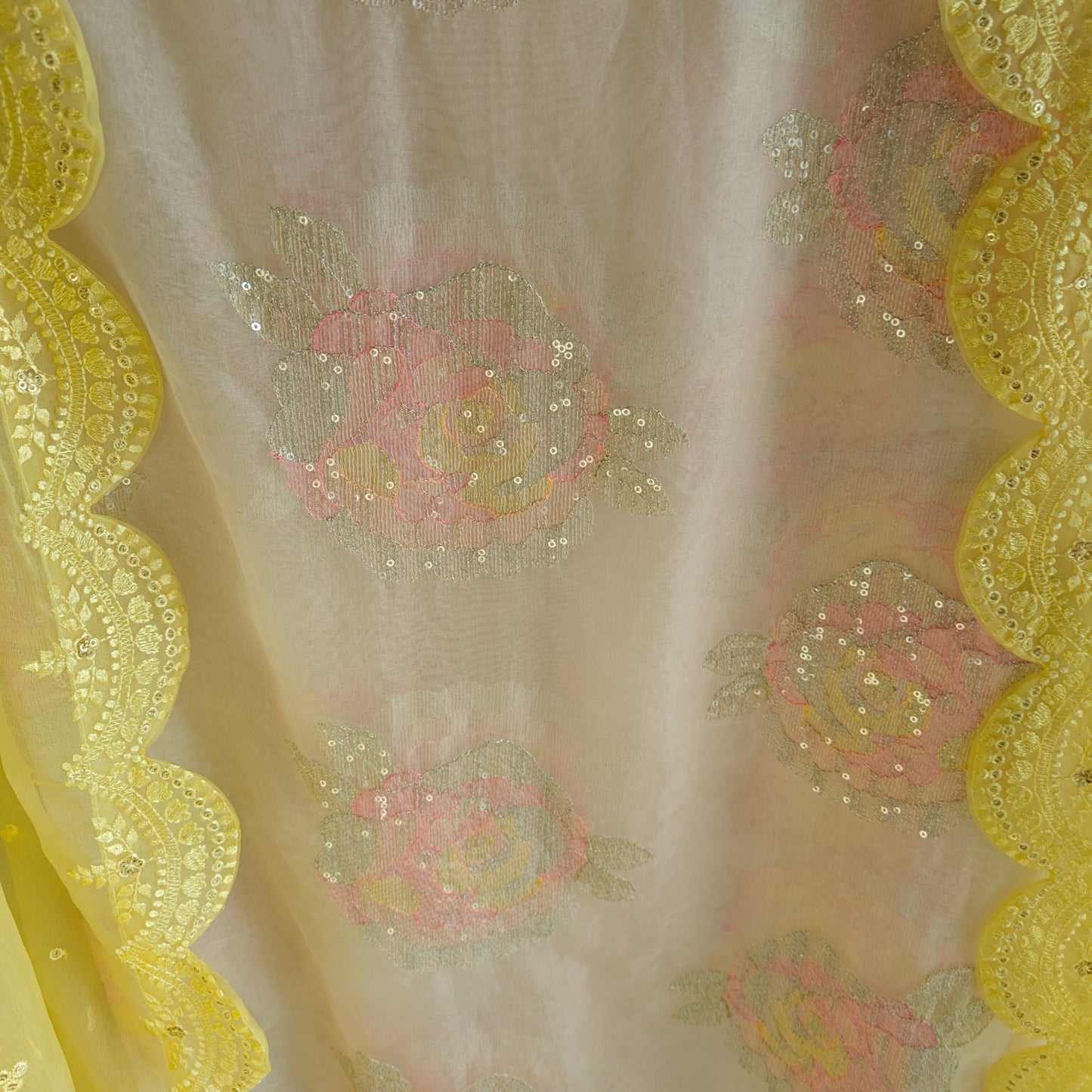 Pastel color Embroidered suit material with organza dupatta scallop border