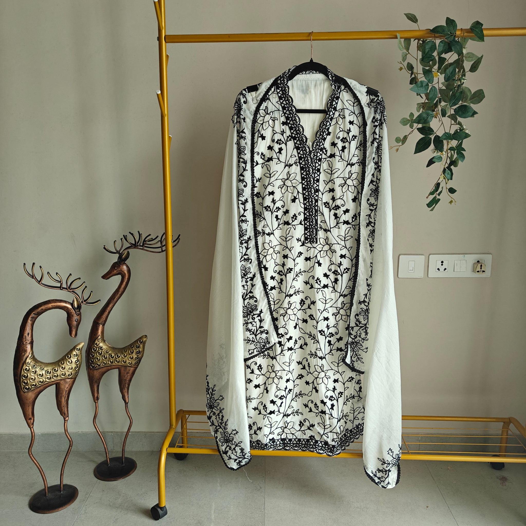 White with Black embroidery dress material with sequin detailing