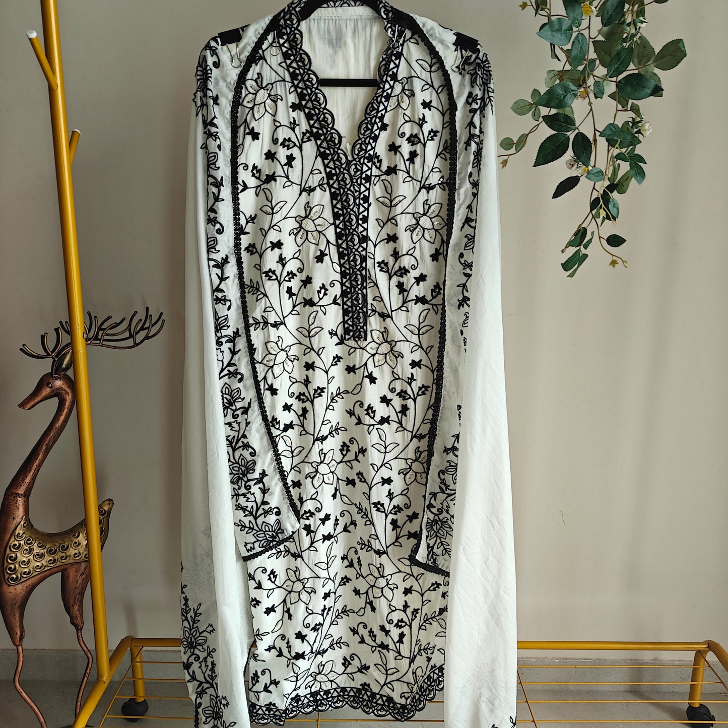White with Black embroidery dress material with sequin detailing