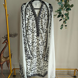 White with Black embroidery dress material with sequin detailing