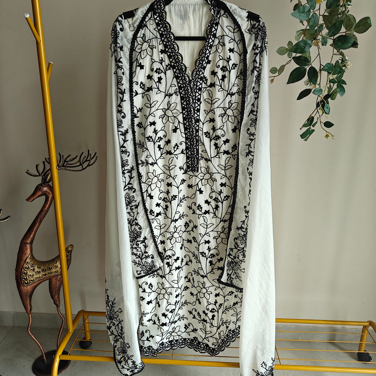 White with Black embroidery dress material with sequin detailing