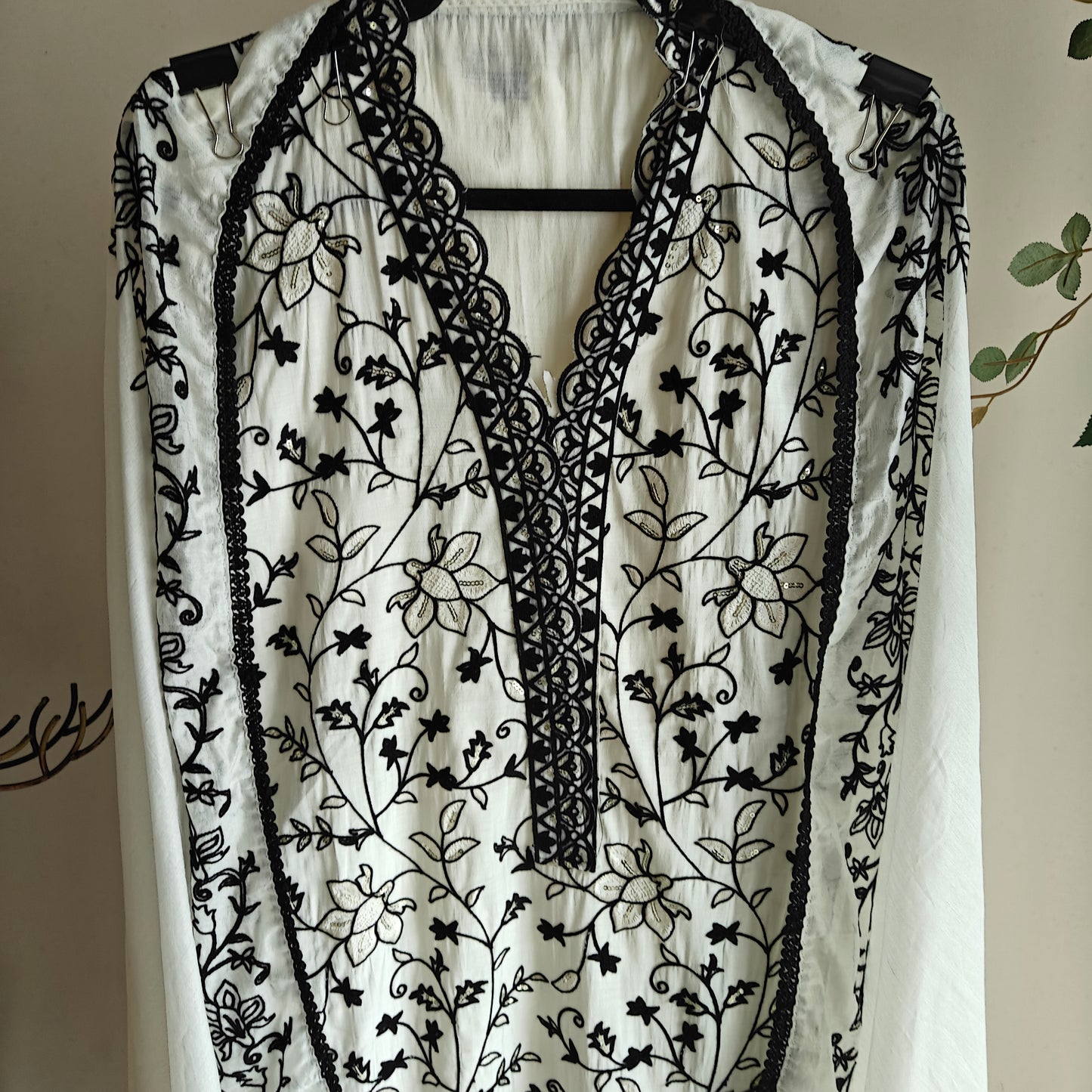 White with Black embroidery dress material with sequin detailing