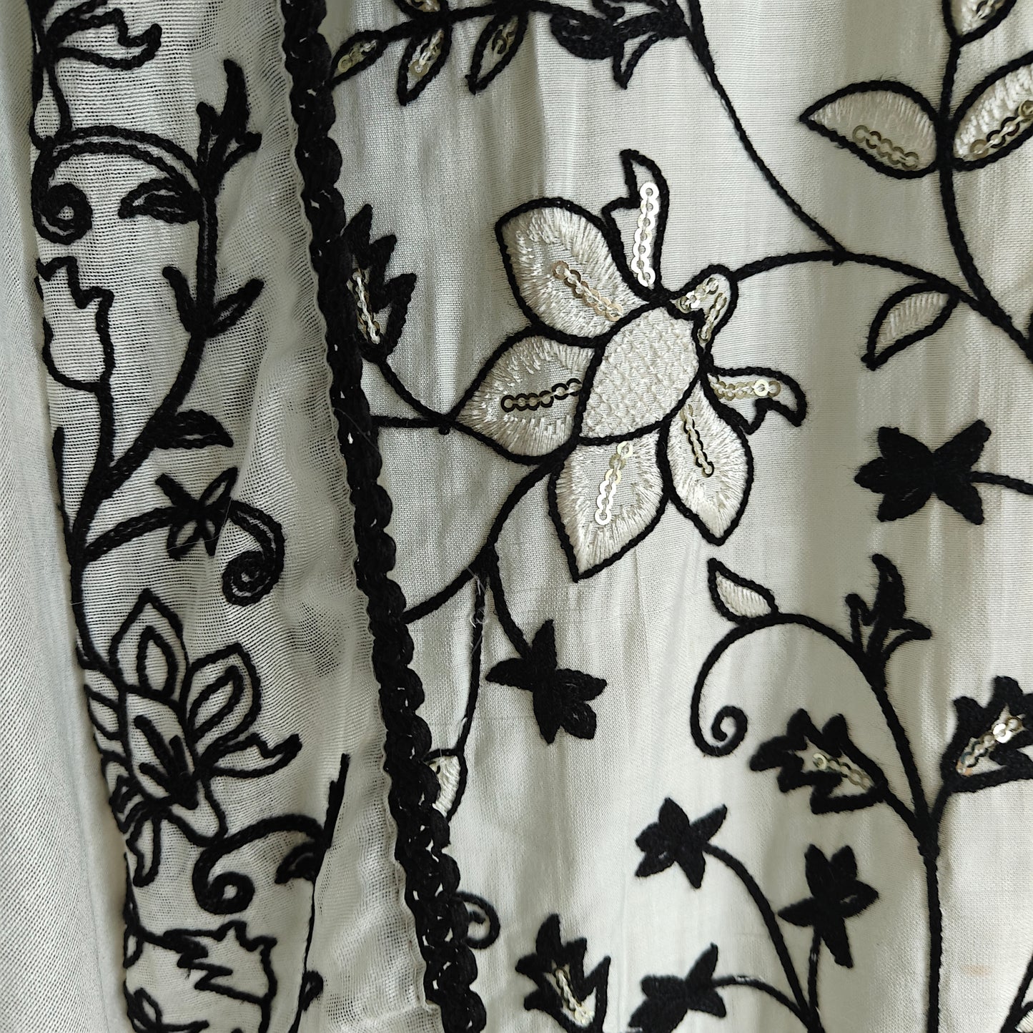 White with Black embroidery dress material with sequin detailing