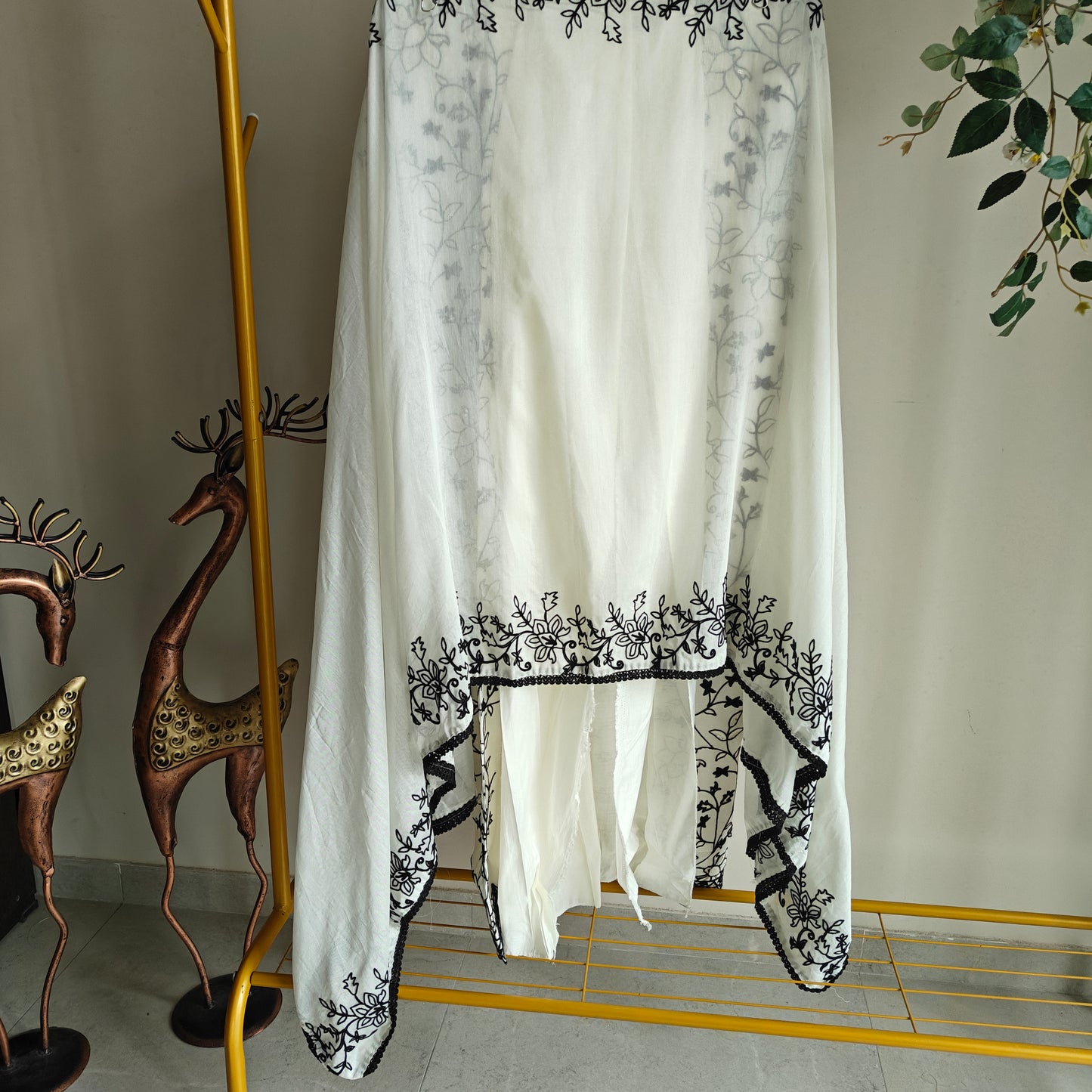 White with Black embroidery dress material with sequin detailing