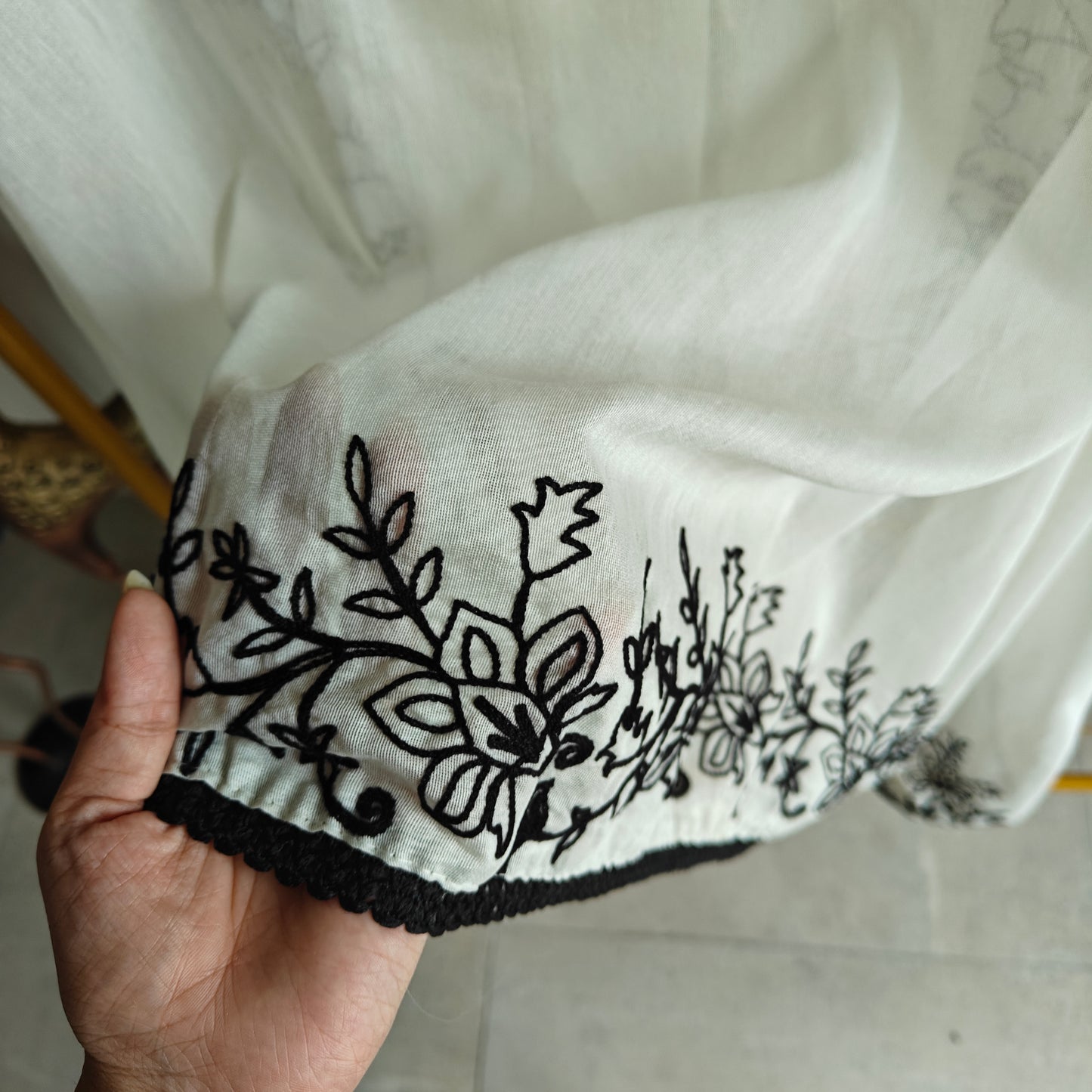 White with Black embroidery dress material with sequin detailing