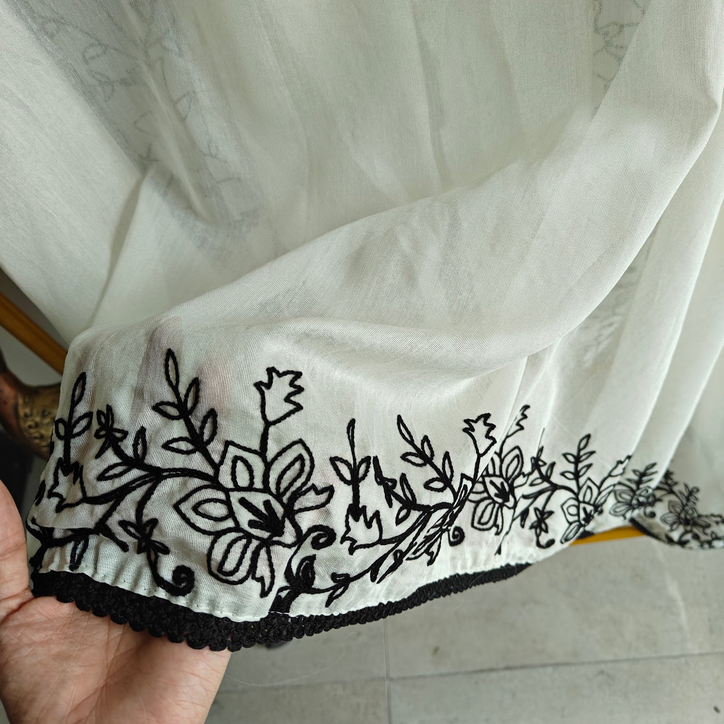 White with Black embroidery dress material with sequin detailing