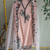 Peach pink tissue dress material with black embroidery